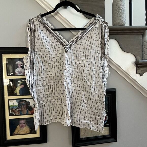 Loft Double V Boho Shoulder Tie Top Blouse sz L - Picture 1 of 6